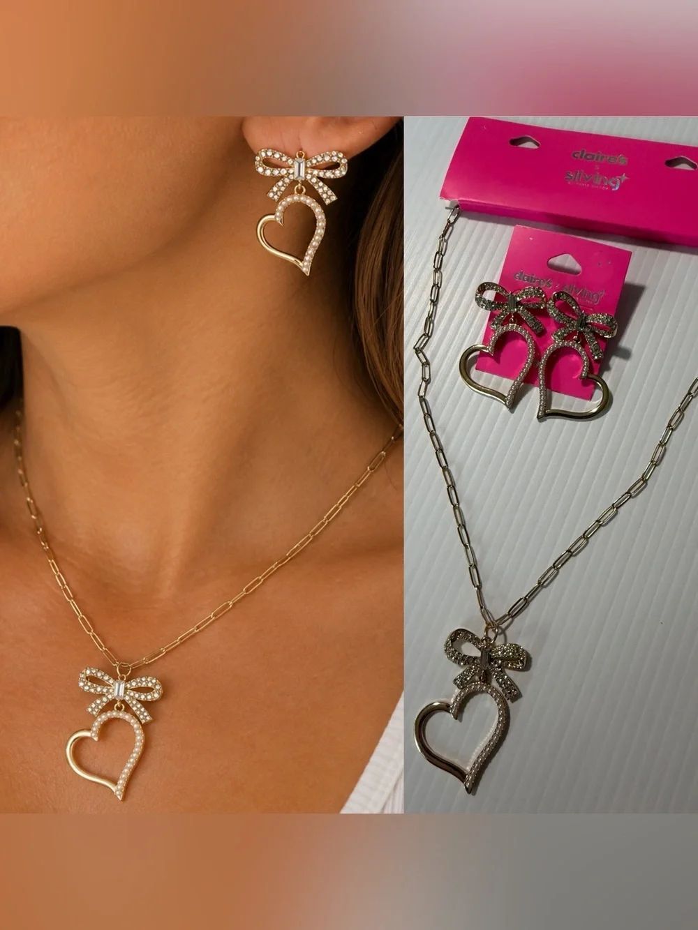 NWTāClaireās x Sliving Paris Hilton Gold Bow Heart Necklace Earrings Jewelry Set